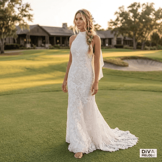 Halter Backless Mermaid Lace Wedding Dress - Diva Melody