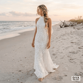 Halter Backless Mermaid Lace Wedding Dress - Diva Melody
