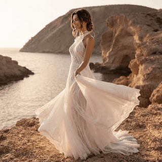 Halter Neck Macrame Lace Bohemian Wedding Dress - Diva Melody
