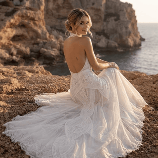 Halter Neck Macrame Lace Bohemian Wedding Dress - Diva Melody