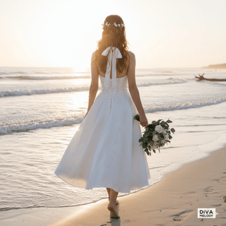 Halter Plunge Neck Tea - Length Wedding Gown - Diva Melody