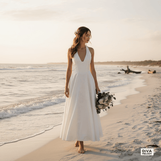 Halter Plunge Neck Tea - Length Wedding Gown - Diva Melody