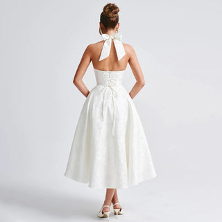 Halter Plunge Neck Tea - Length Wedding Gown - Diva Melody