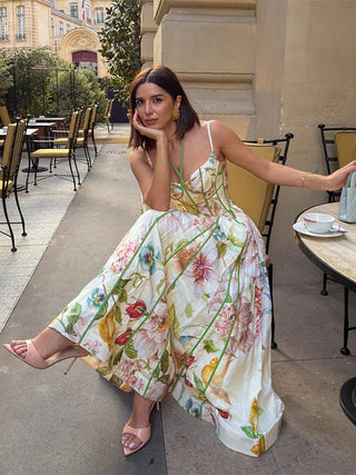 Halter Tie Neckline Floral Midi Dress - Diva Melody