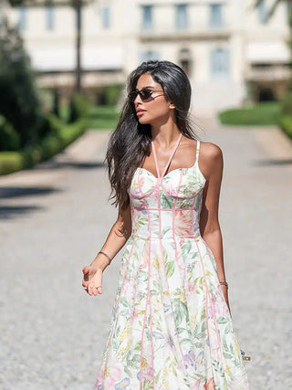 Halter Tie Neckline Floral Midi Dress - Diva Melody