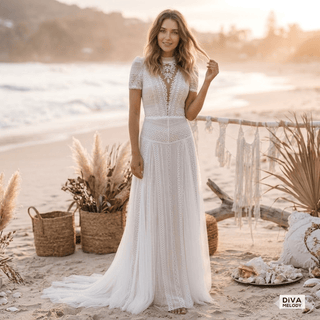 High Neck Bohemian Wedding Dress - Diva Melody