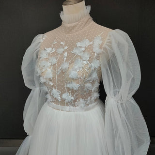 High Neck Bubble Sleeve Tea - Length Wedding Gown - Diva Melody