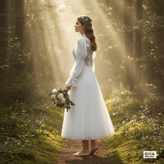 High Neck Bubble Sleeve Tea - Length Wedding Gown - Diva Melody