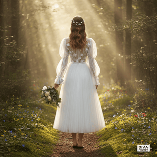 High Neck Bubble Sleeve Tea - Length Wedding Gown - Diva Melody