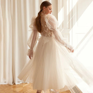 High Neck Bubble Sleeve Tea - Length Wedding Gown - Diva Melody