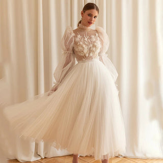 High Neck Bubble Sleeve Tea - Length Wedding Gown - Diva Melody