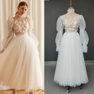 High Neck Bubble Sleeve Tea - Length Wedding Gown - Diva Melody