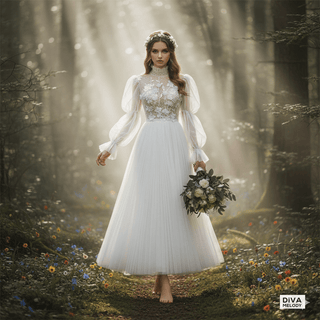 High Neck Bubble Sleeve Tea - Length Wedding Gown - Diva Melody
