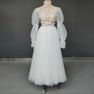 High Neck Bubble Sleeve Tea - Length Wedding Gown - Diva Melody