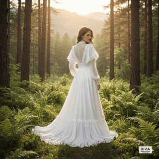High Neck Lace Tea - Length Bridal Dress - Diva Melody