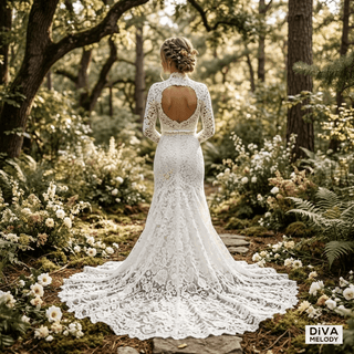 High Neck Long Train Mermaid Bridal Dress - Diva Melody