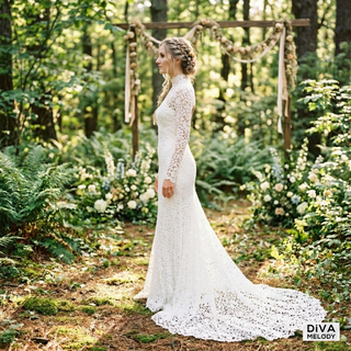 High Neck Long Train Mermaid Bridal Dress - Diva Melody