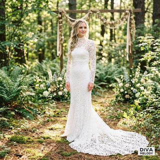 High Neck Long Train Mermaid Bridal Dress - Diva Melody