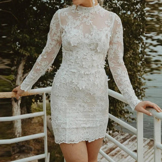 High Neck Mini Lace Wedding Dress - Diva Melody