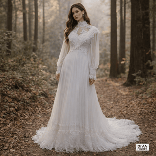 High Neck Victorian Wedding Dress - Diva Melody