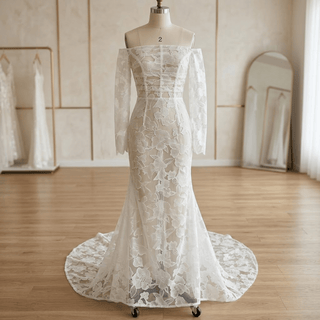 High Side Slit Floral Lace Bridal Gown - Diva Melody
