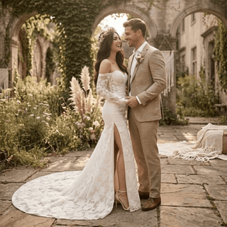 High Side Slit Floral Lace Bridal Gown - Diva Melody
