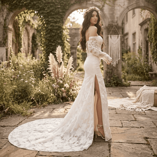 High Side Slit Floral Lace Bridal Gown - Diva Melody