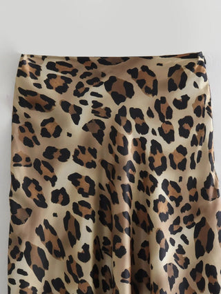 High Waist Leopard Print Satin Midi Skirt - Diva Melody