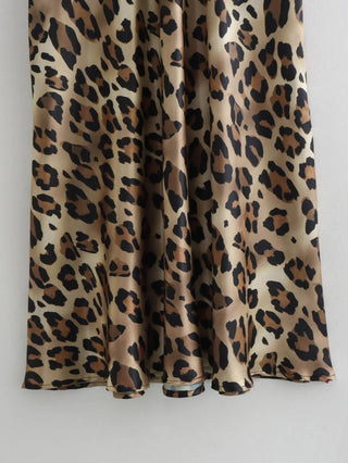 High Waist Leopard Print Satin Midi Skirt - Diva Melody