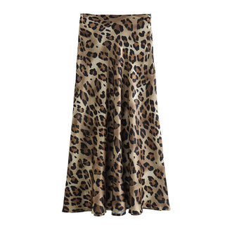 High Waist Leopard Print Satin Midi Skirt - Diva Melody