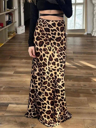 High Waist Leopard Print Satin Midi Skirt - Diva Melody