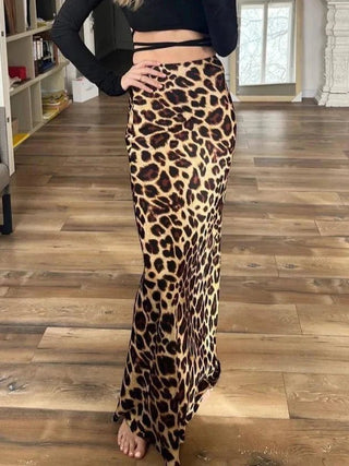 High Waist Leopard Print Satin Midi Skirt - Diva Melody