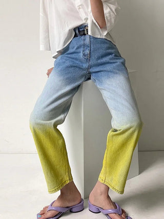 High Waisted Jeans Gradient Button Denim Pants - Diva Melody