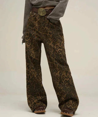 High - Waisted Leopard Wide Leg Jeans - Diva Melody