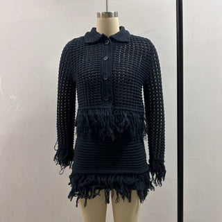 Hollow Knit Tassel Skirt Set - Diva Melody
