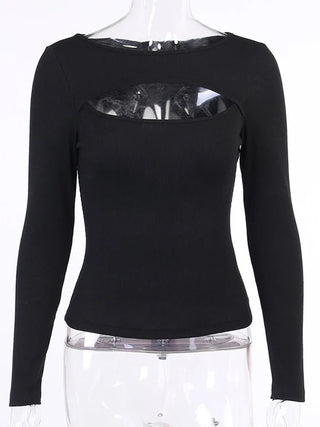 Hollow Out Long Sleeve Slim Tee - Diva Melody