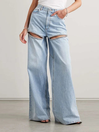 Hollow Out Patchwork Diamond High - Waist Jeans - Diva Melody