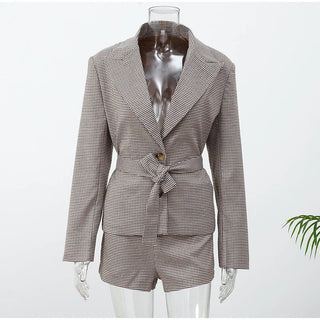 Houndstooth Belted Blazer and Tailored Shorts Set - Diva Melody