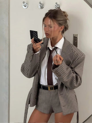 Houndstooth Belted Blazer and Tailored Shorts Set - Diva Melody