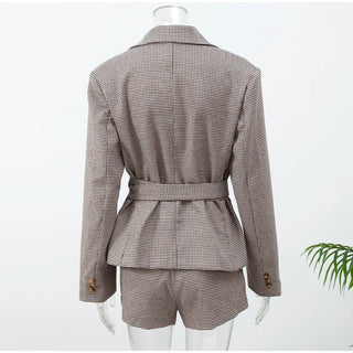 Houndstooth Belted Blazer and Tailored Shorts Set - Diva Melody