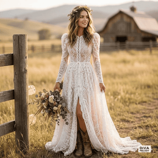 Illusion Boho Lace Wedding Gown - Diva Melody