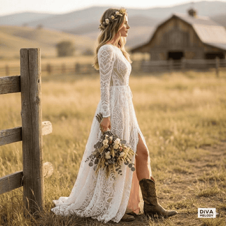 Illusion Boho Lace Wedding Gown - Diva Melody