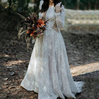 Illusion Boho Lace Wedding Gown - Diva Melody