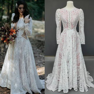 Illusion Boho Lace Wedding Gown - Diva Melody