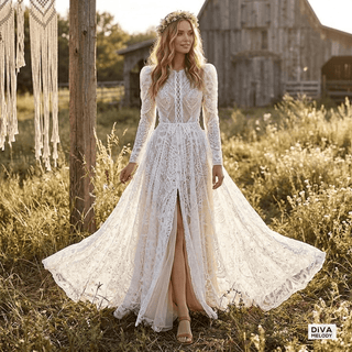 Illusion Boho Lace Wedding Gown - Diva Melody