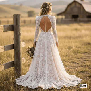 Illusion Boho Lace Wedding Gown - Diva Melody