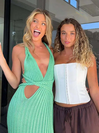 Knit Backless V - neck High Slit Dress - Diva Melody