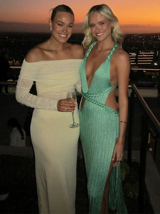 Knit Backless V - neck High Slit Dress - Diva Melody