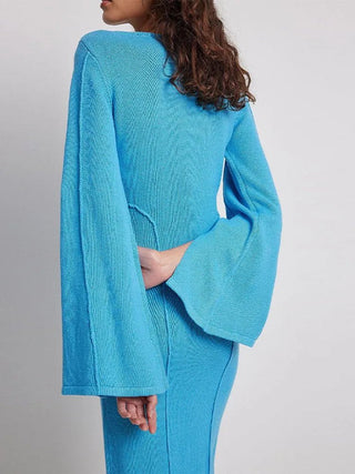 Knitted Blue Patchwork Split Long Sleeve Slim Dresses - Diva Melody