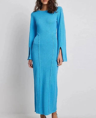 Knitted Blue Patchwork Split Long Sleeve Slim Dresses - Diva Melody